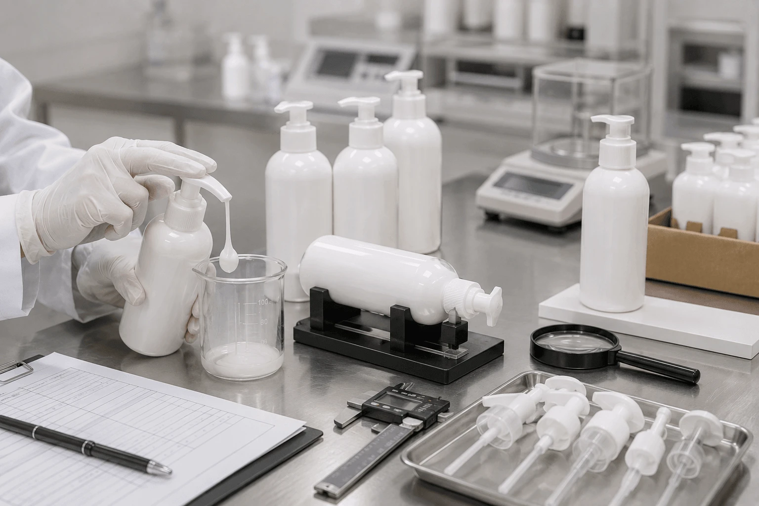 Filled lotion bottles undergoing leakage, dispensing and packaging compatibility tests before production Filled lotion bottles undergoing leakage, dispensing and packaging compatibility tests before production